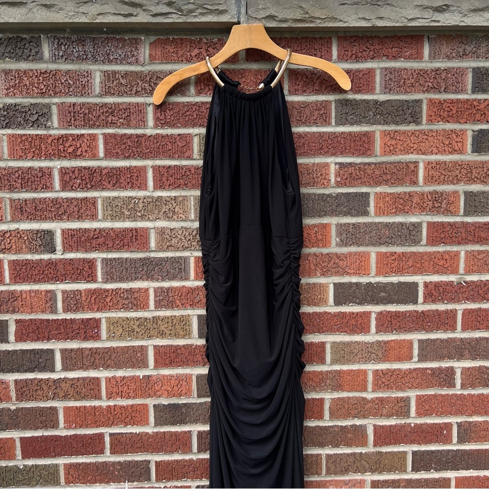 Fiesta Fashion Black and Gold Chain Halter Sleeveless Ruched Side Maxi Dress